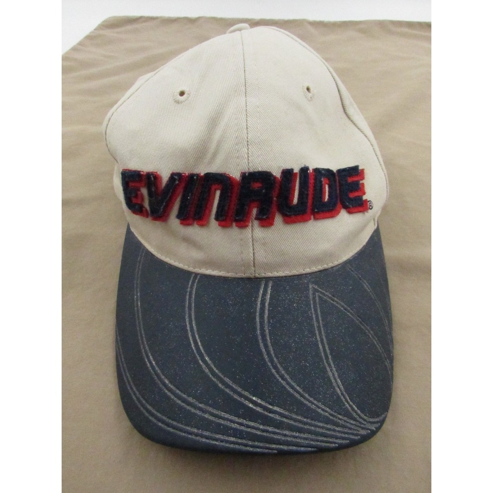 Evinrude Outboard Motors Logo Hat Cap Beige Navy Blue Adjustable Fishing Boating